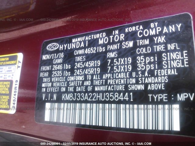 KM8J33A22HU358441 - 2017 HYUNDAI TUCSON LIMITED/SPORT AND ECO/SE MAROON photo 9