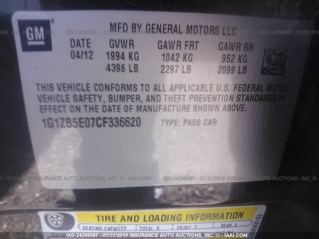 1G1ZB5E07CF336620 - 2012 CHEVROLET MALIBU LS BLACK photo 9