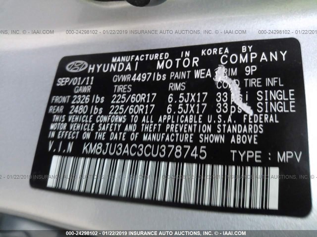 KM8JU3AC3CU378745 - 2012 HYUNDAI TUCSON GLS/LIMITED 银色 照片 9