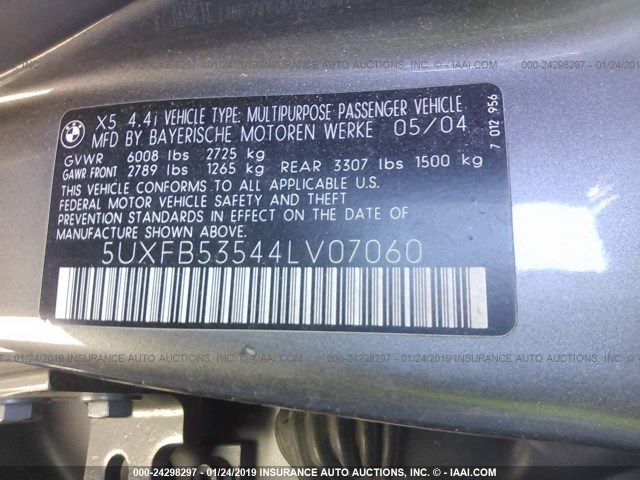 5UXFB53544LV07060 - 2004 BMW X5 4.4I GRAY photo 9