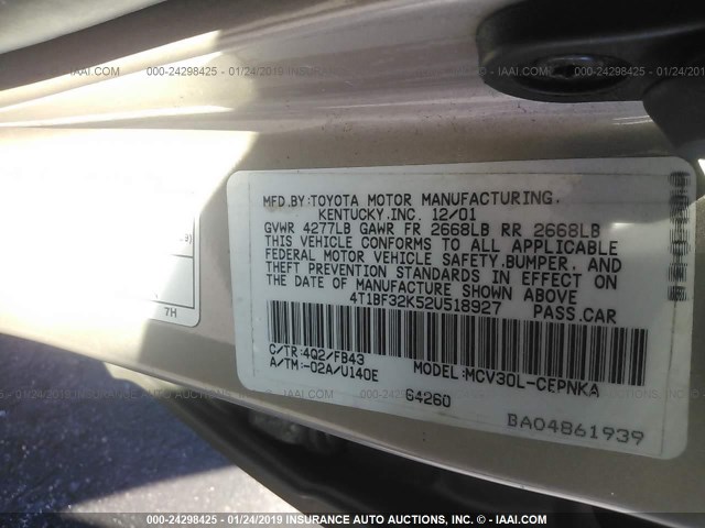 4T1BF32K52U518927 - 2002 TOYOTA CAMRY LE/XLE/SE Champagne photo 9