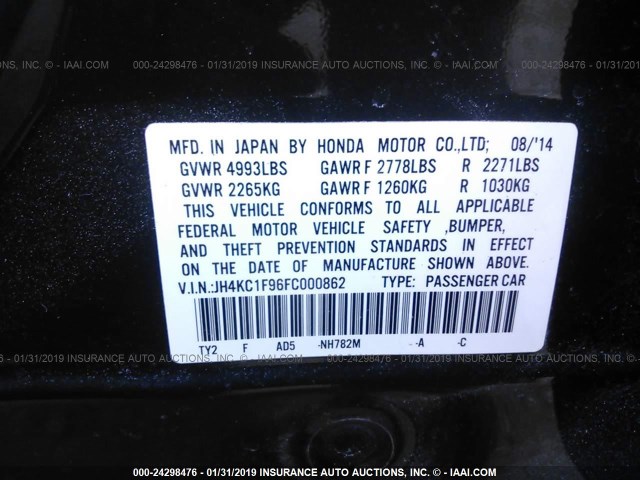 JH4KC1F96FC000862 - 2015 ACURA RLX ADVANCE GRAY photo 9