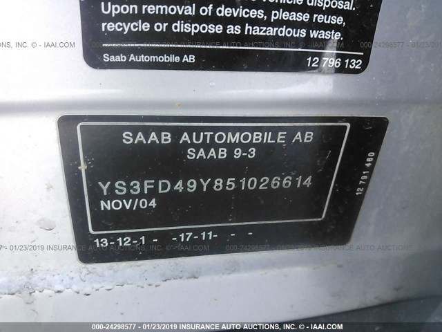 YS3FD49Y851026614 - 2005 SAAB 9-3 ARC SILVER photo 9