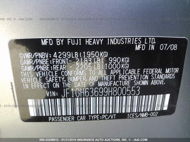 JF1GH63699H800553 - 2009 SUBARU IMPREZA OUTBACK SPORT SILVER photo 9