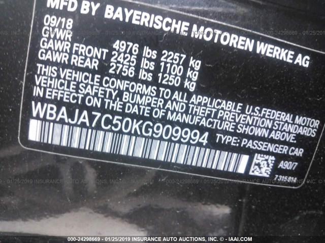 WBAJA7C50KG909994 - 2019 BMW 530 XI GRAY photo 9