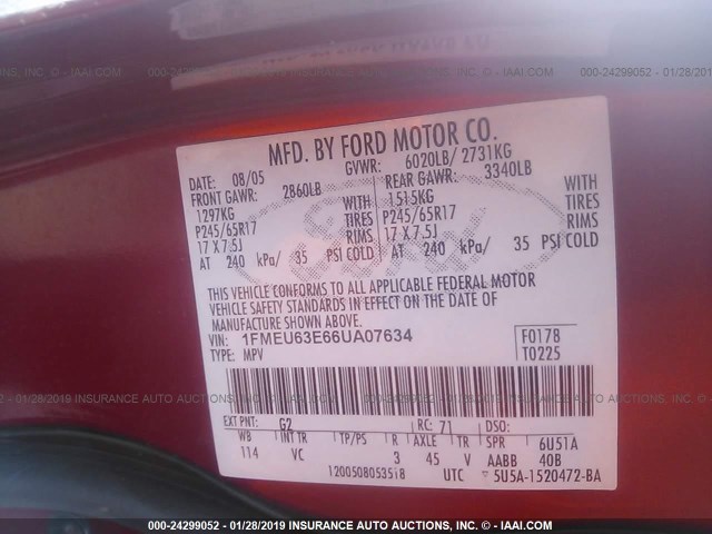 1FMEU63E66UA07634 - 2006 FORD EXPLORER XLT RED photo 9