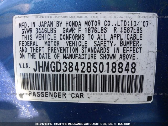 JHMGD38428S018848 - 2008 HONDA FIT BLUE photo 9