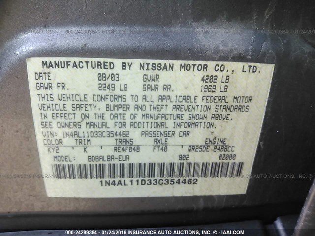 1N4AL11D33C354462 - 2003 NISSAN ALTIMA S/SL TAN photo 9