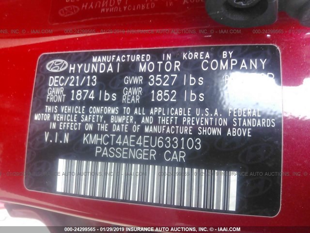 KMHCT4AE4EU633103 - 2014 HYUNDAI ACCENT GLS/GS RED photo 9