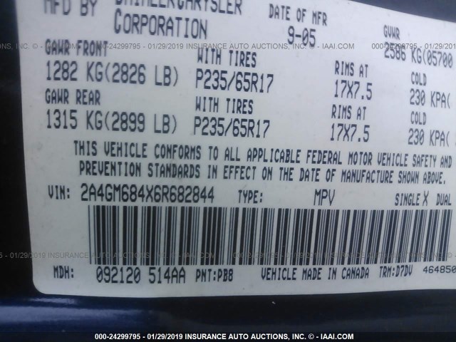 2A4GM684X6R682844 - 2006 CHRYSLER PACIFICA TOURING BLUE photo 9