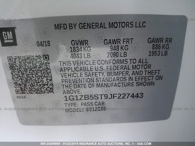 1G1ZB5ST9JF227443 - 2018 CHEVROLET MALIBU LS 白色 照片 9