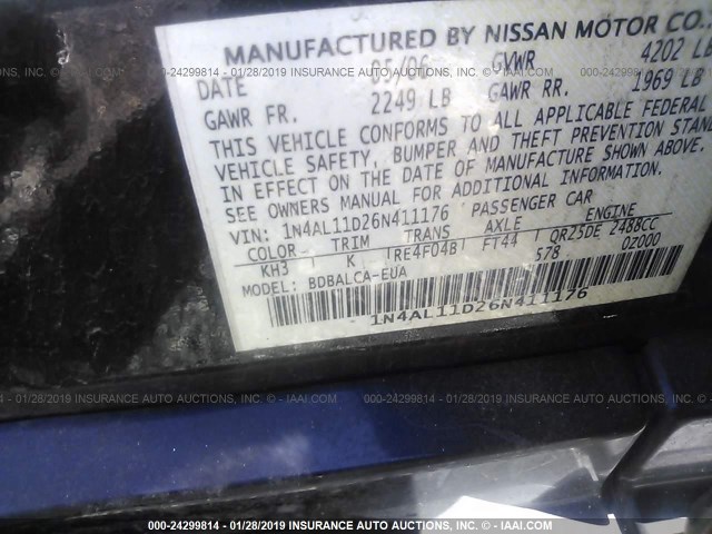 1N4AL11D26N411176 - 2006 NISSAN ALTIMA S/SL BLACK photo 9