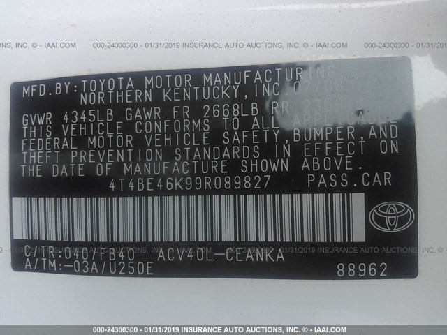 4T4BE46K99R089827 - 2009 TOYOTA CAMRY SE/LE/XLE WHITE photo 9