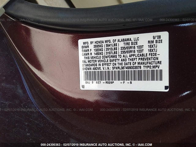 5FNRL38749B003578 - 2009 HONDA ODYSSEY EXL MAROON photo 9