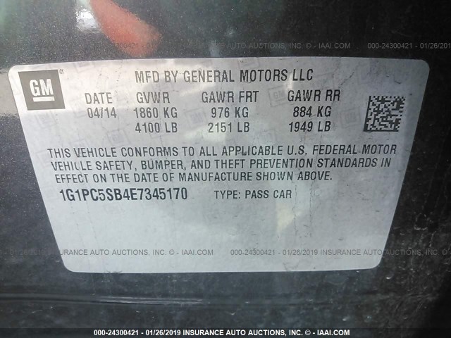 1G1PC5SB4E7345170 - 2014 CHEVROLET CRUZE LT GRAY photo 9