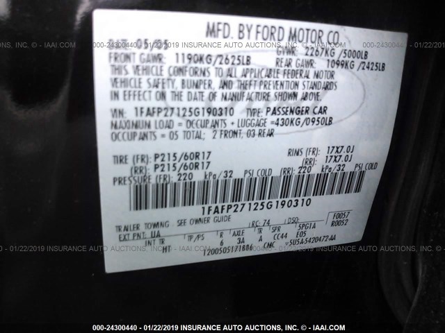 1FAFP27125G190310 - 2005 FORD FIVE HUNDRED SEL BLACK photo 9