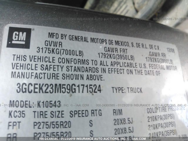 3GCEK23M59G171524 - 2009 CHEVROLET SILVERADO K1500 LT GRAY photo 9