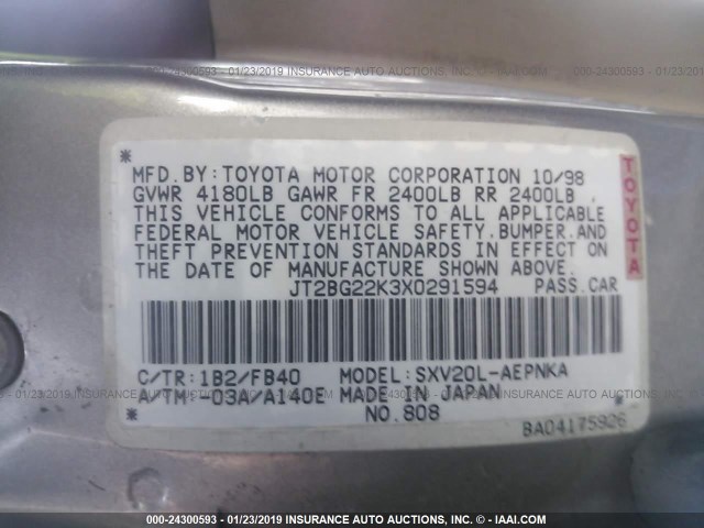 JT2BG22K3X0291594 - 1999 TOYOTA CAMRY LE/XLE GRAY photo 9