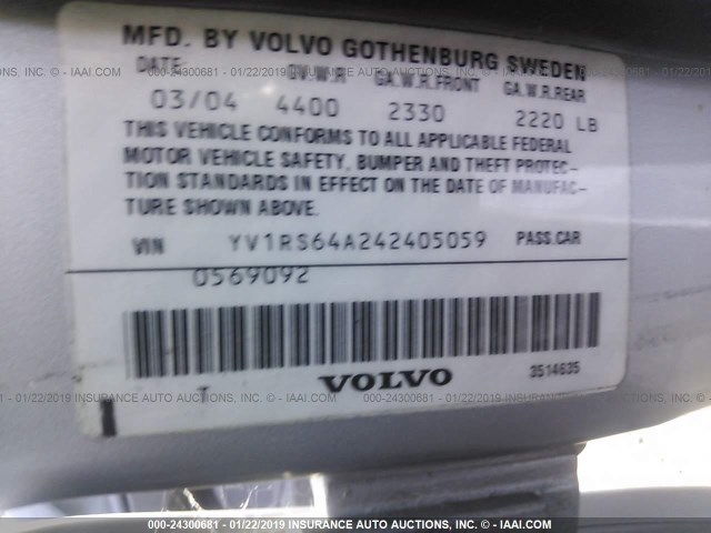 YV1RS64A242405059 - 2004 VOLVO S60 SILVER photo 9