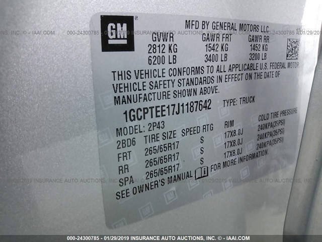 1GCPTEE17J1187642 - 2018 CHEVROLET COLORADO ZR2 SILVER photo 9