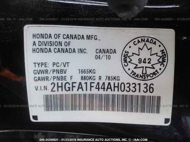 2HGFA1F44AH033136 - 2010 HONDA CIVIC DX-G BLACK photo 9