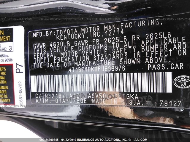 4T1BF1FK9FU899976 - 2015 TOYOTA CAMRY LE/XLE/SE/XSE 黑色 照片 9