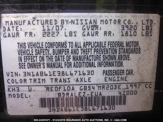 3N1AB61E38L671630 - 2008 NISSAN SENTRA 2.0/2.0S/2.0SL BLACK photo 9