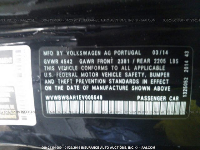 WVWBW8AH1EV005549 - 2014 VOLKSWAGEN EOS KOMFORT/SPORT BLACK photo 9