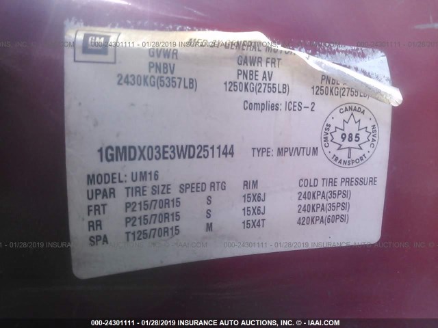 1GMDX03E3WD251144 - 1998 PONTIAC TRANS SPORT  RED photo 9