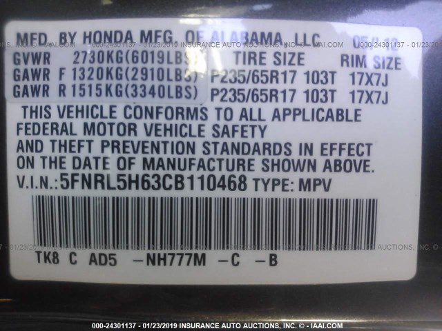 5FNRL5H63CB110468 - 2012 HONDA ODYSSEY EXL GRAY photo 9