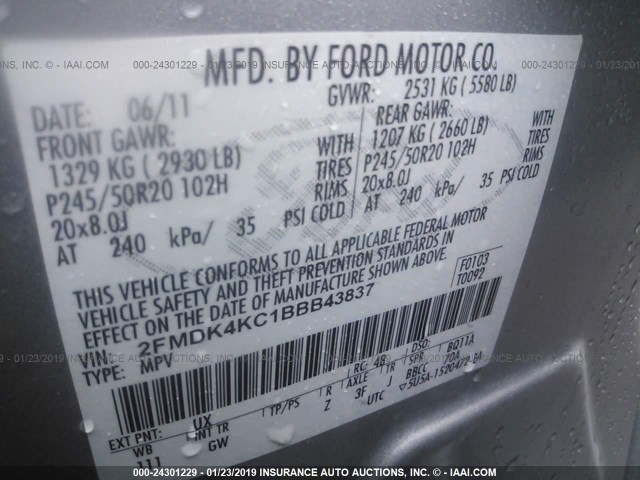 2FMDK4KC1BBB43837 - 2011 FORD EDGE LIMITED SILVER photo 9
