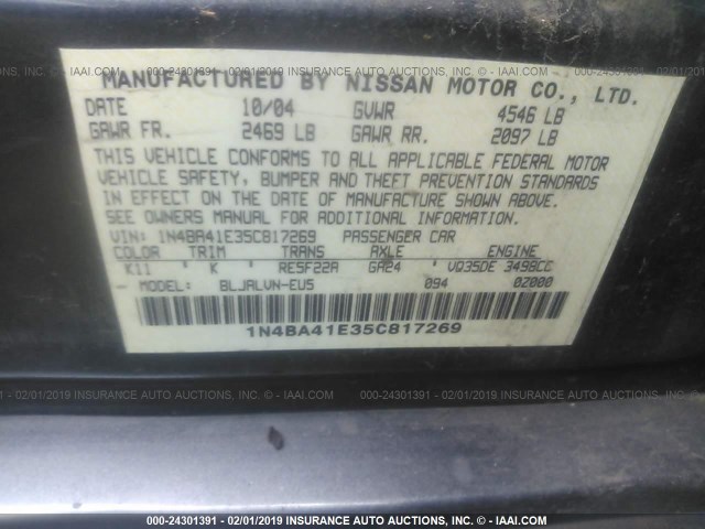 1N4BA41E35C817269 - 2005 NISSAN MAXIMA SE/SL GRAY photo 9