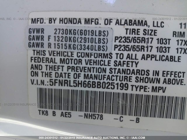 5FNRL5H66BB025199 - 2011 HONDA ODYSSEY EXL WHITE photo 9