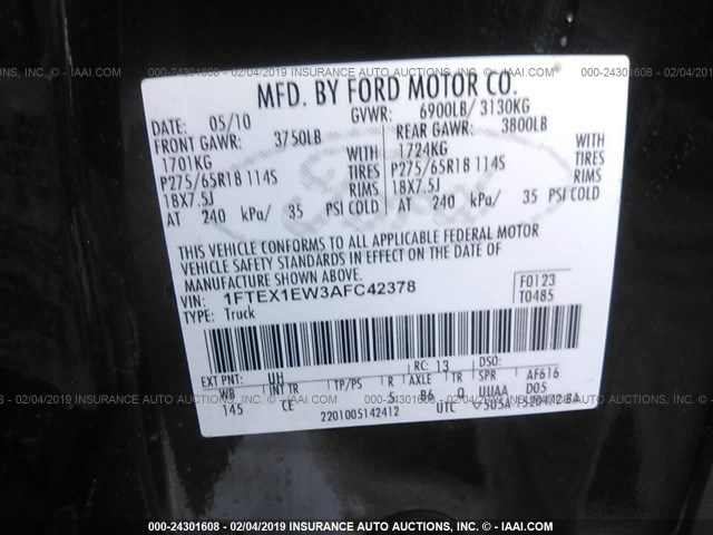 1FTEX1EW3AFC42378 - 2010 FORD F150 SUPER CAB BLACK photo 9