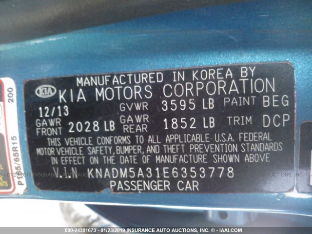 KNADM5A31E6353778 - 2014 KIA RIO LX BLUE photo 9