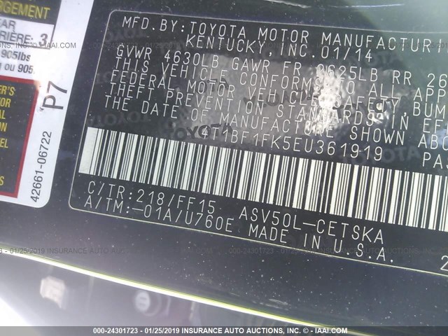 4T1BF1FK5EU361919 - 2014 TOYOTA CAMRY L/SE/LE/XLE 黑色 照片 9