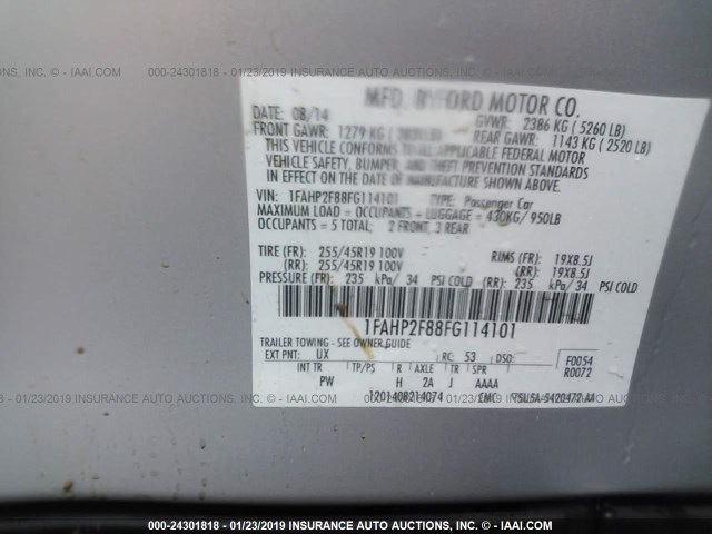 1FAHP2F88FG114101 - 2015 FORD TAURUS LIMITED SILVER photo 9