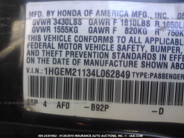 1HGEM21134L062849 - 2004 HONDA CIVIC DX VP BLACK photo 9