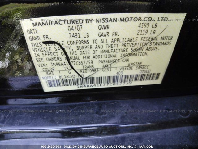 1N4BA41E77C857759 - 2007 NISSAN MAXIMA SE/SL BLACK photo 9