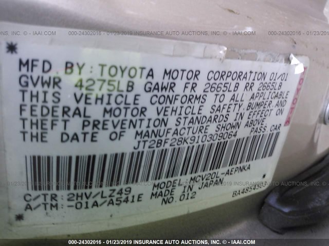 JT2BF28K910309064 - 2001 TOYOTA CAMRY LE/XLE 金色 照片 9