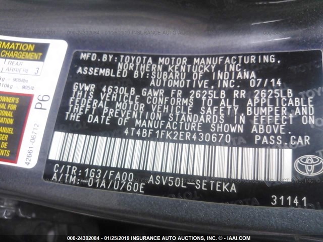 4T4BF1FK2ER430670 - 2014 TOYOTA CAMRY L/SE/LE/XLE 黑色 照片 9