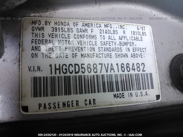 1HGCD5687VA166482 - 1997 HONDA ACCORD VALUE GOLD photo 9