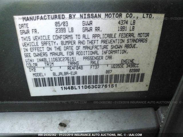 1N4BL11D63C276151 - 2003 NISSAN ALTIMA SE GREEN photo 9