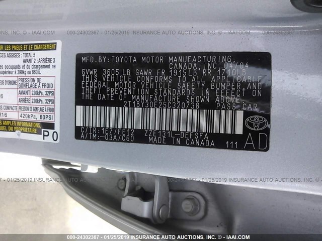 2T1BY30E25C320738 - 2005 TOYOTA COROLLA XRS SILVER photo 9