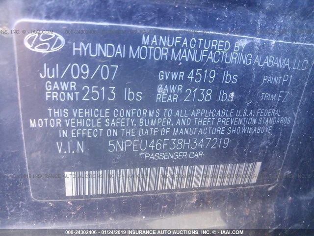 5NPEU46F38H347219 - 2008 HYUNDAI SONATA SE/LIMITED BLACK photo 9