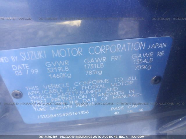 JS2GB41S4X5161356 - 1999 SUZUKI ESTEEM GL/GLX BLUE photo 9