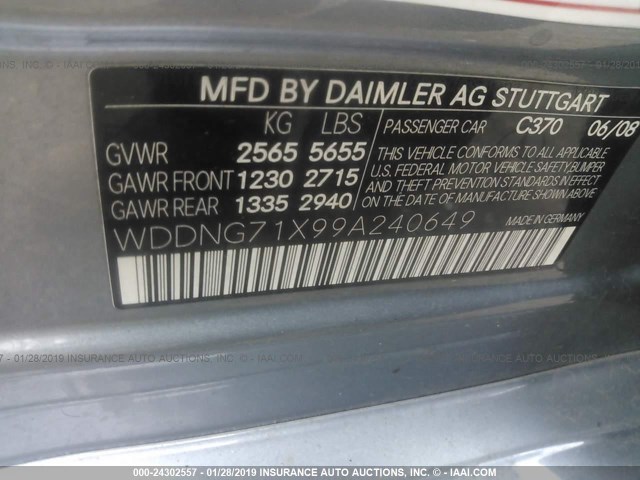 WDDNG71X99A240649 - 2009 MERCEDES-BENZ S 550 GRAY photo 9