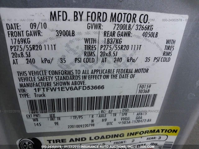 1FTFW1EV6AFD53666 - 2010 FORD F150 SUPERCREW SILVER photo 9