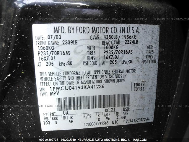 1FMCU04194KA41236 - 2004 FORD ESCAPE LIMITED BLACK photo 9