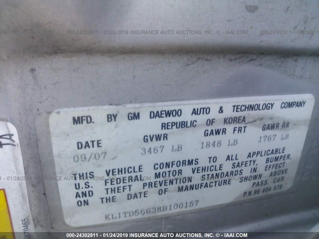 KL1TD56638B100157 - 2008 CHEVROLET AVEO LS GRAY photo 9